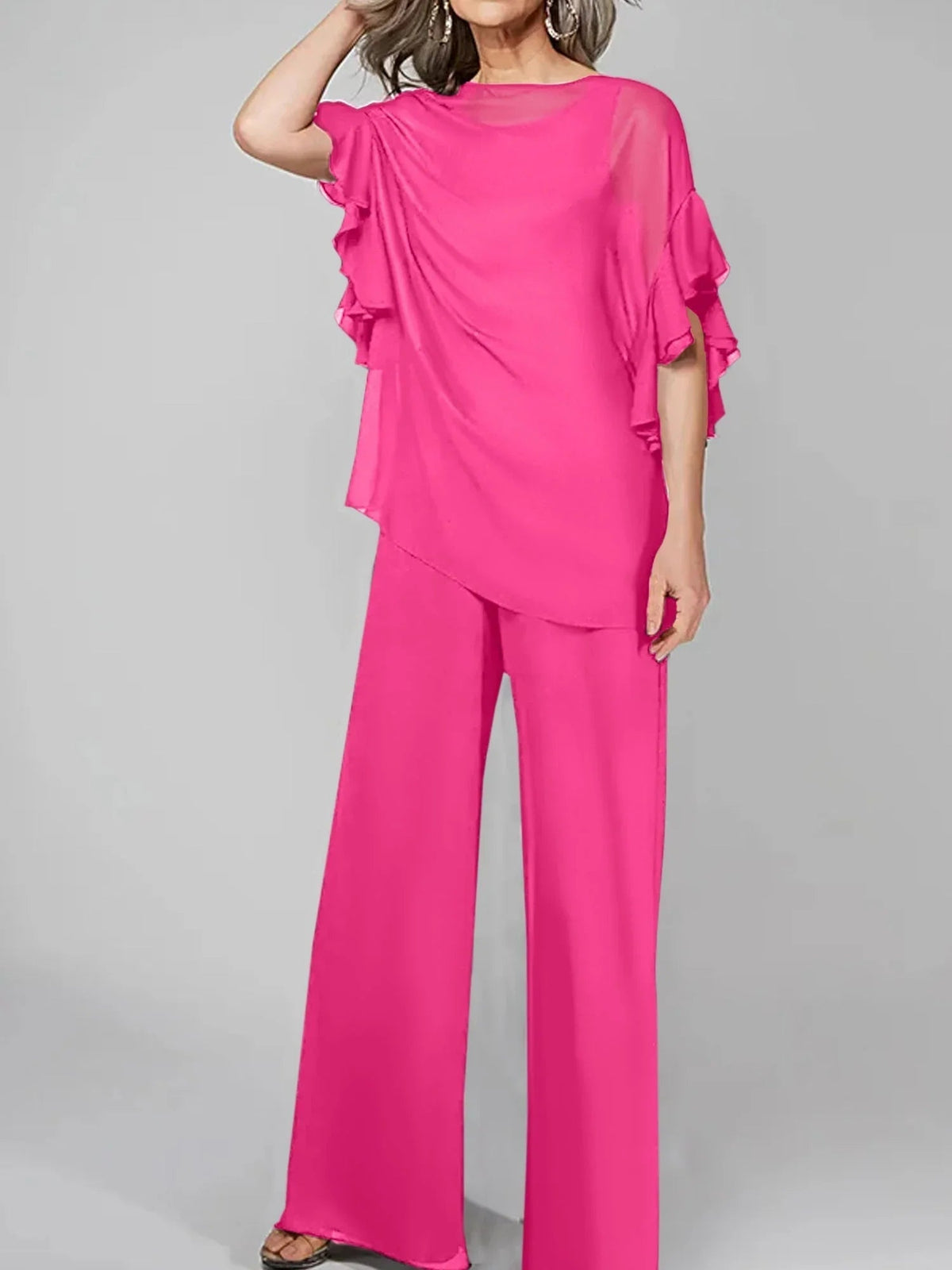 Tute intere con scollo rotondo e maniche a metà, in chiffon, completi pantalone per la madre della sposa