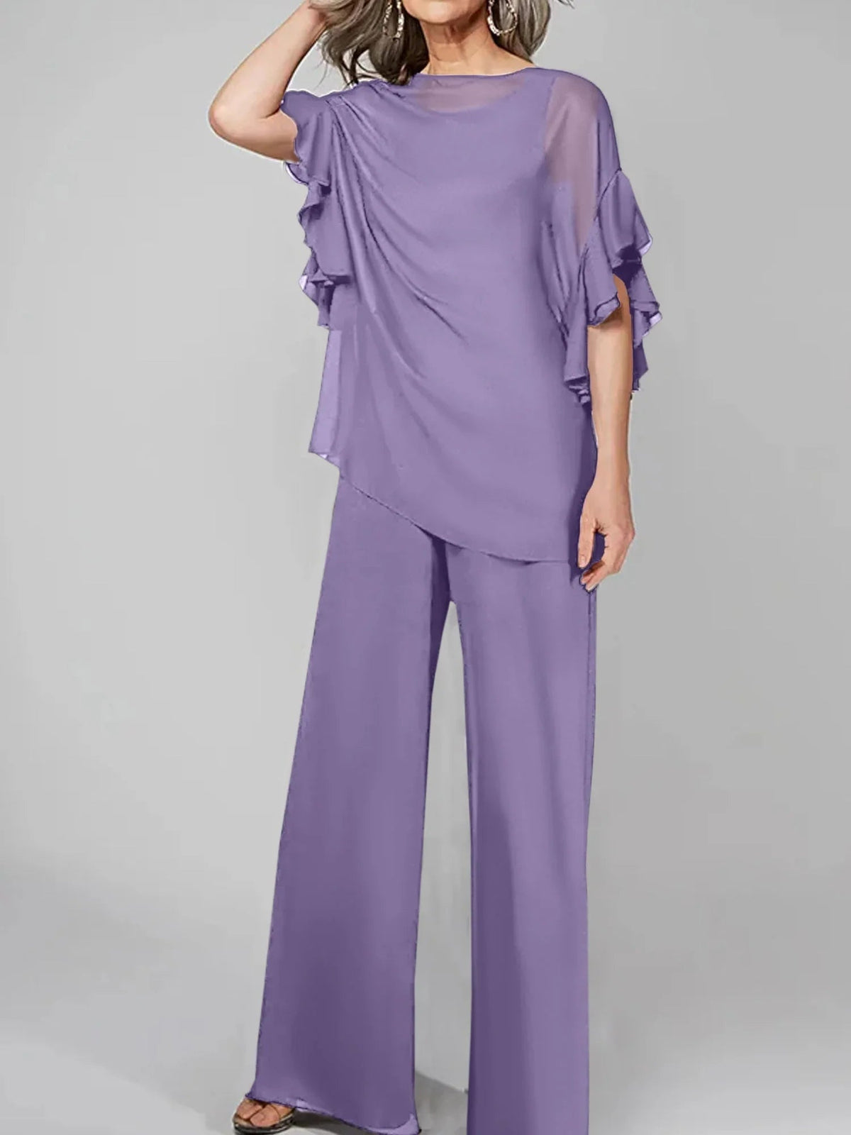 Tute intere con scollo rotondo e maniche a metà, in chiffon, completi pantalone per la madre della sposa