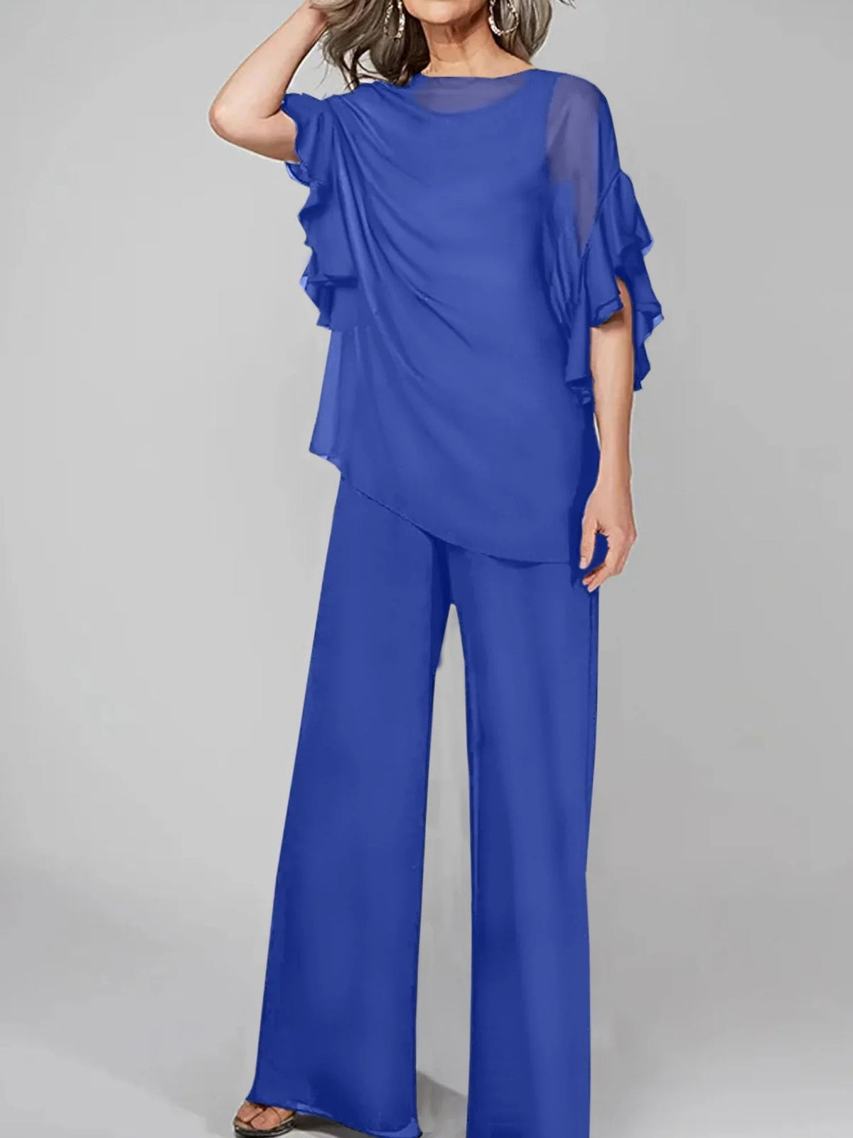 Tute intere con scollo rotondo e maniche a metà, in chiffon, completi pantalone per la madre della sposa