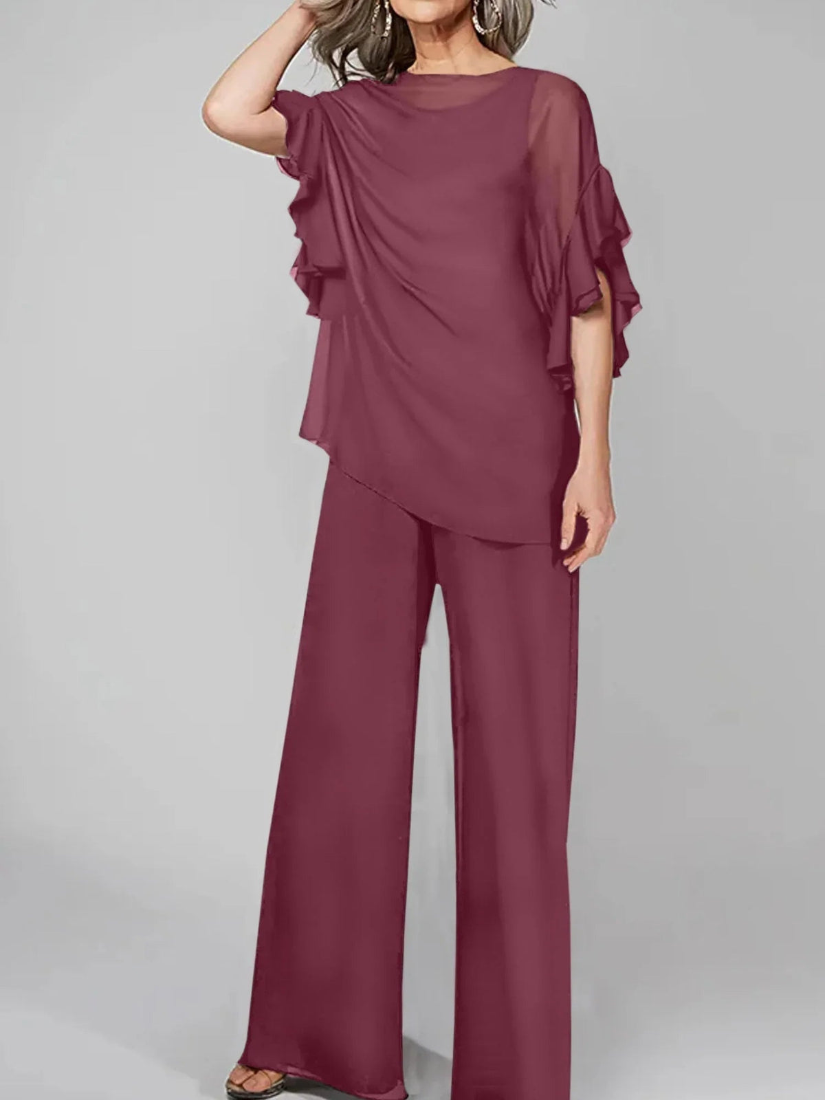 Tute intere con scollo rotondo e maniche a metà, in chiffon, completi pantalone per la madre della sposa