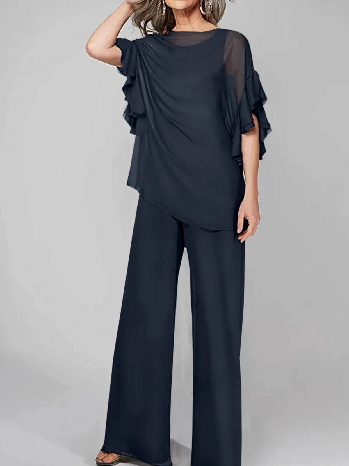 Tute intere con scollo rotondo e maniche a metà, in chiffon, completi pantalone per la madre della sposa