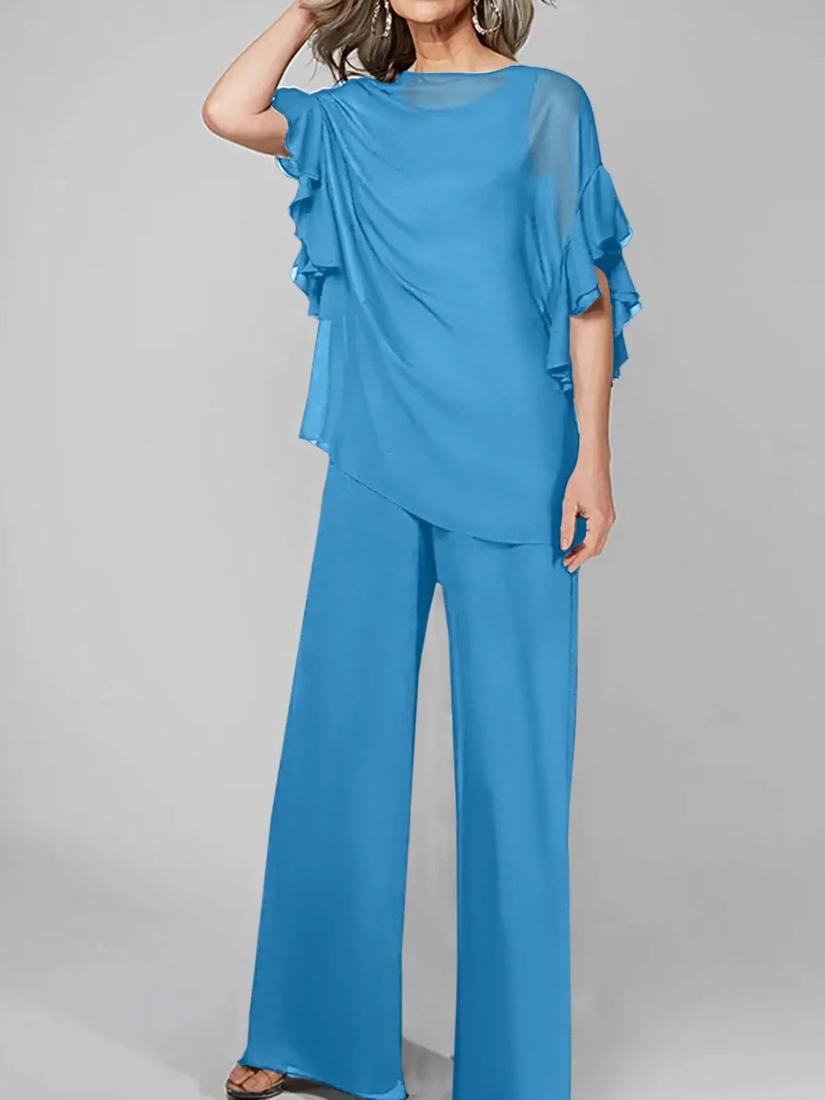 Tute intere con scollo rotondo e maniche a metà, in chiffon, completi pantalone per la madre della sposa