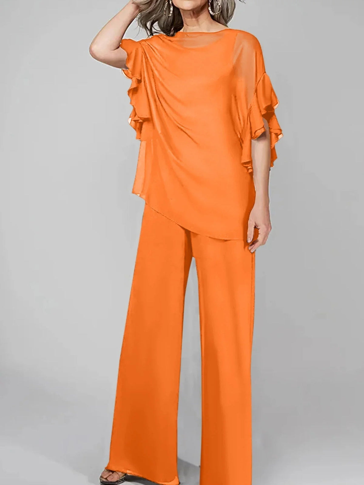 Tute intere con scollo rotondo e maniche a metà, in chiffon, completi pantalone per la madre della sposa