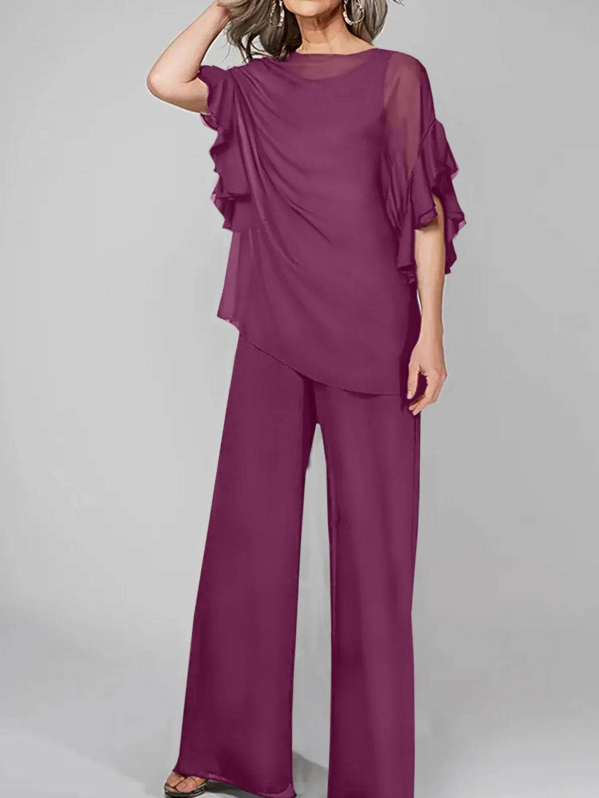 Tute intere con scollo rotondo e maniche a metà, in chiffon, completi pantalone per la madre della sposa