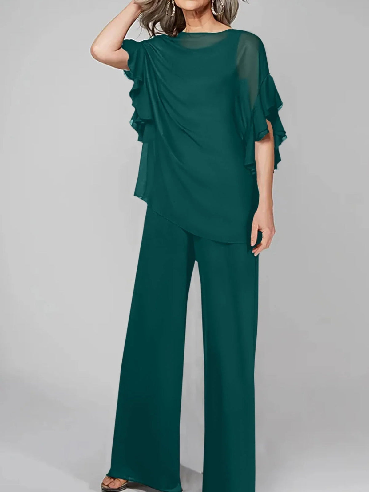 Tute intere con scollo rotondo e maniche a metà, in chiffon, completi pantalone per la madre della sposa