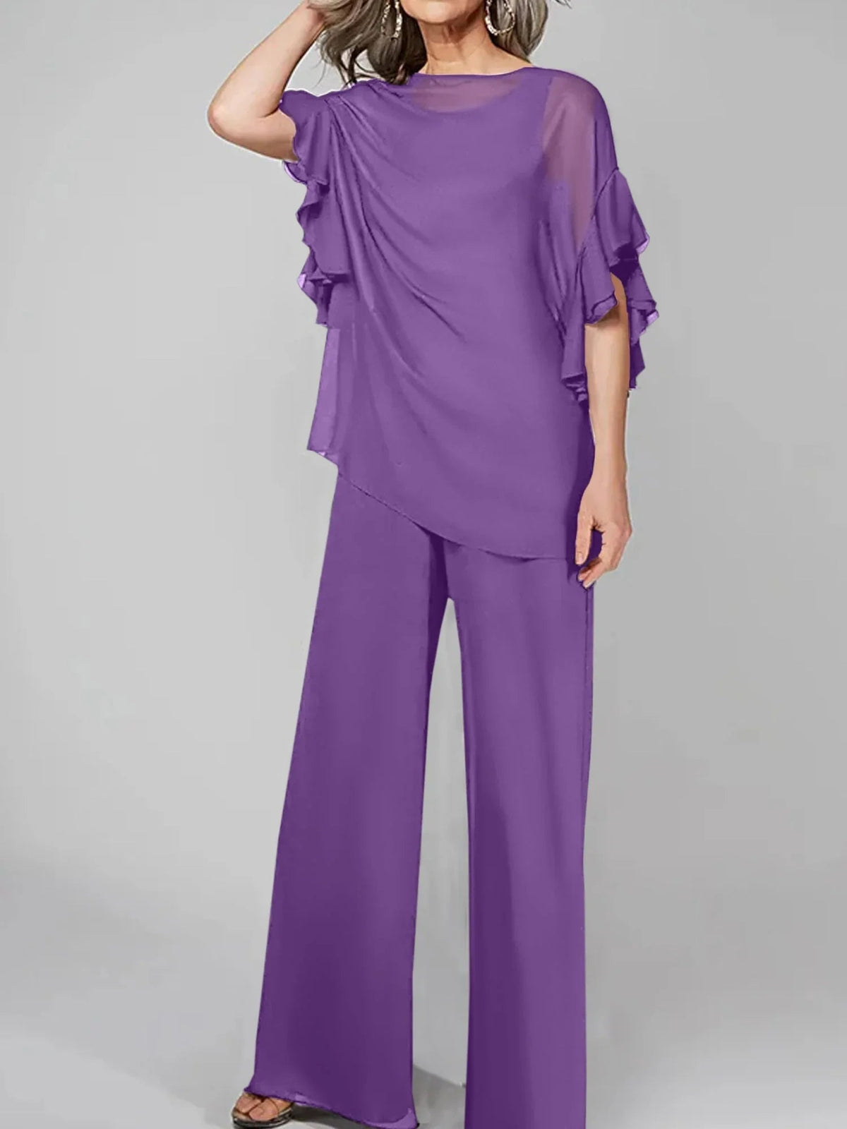 Tute intere con scollo rotondo e maniche a metà, in chiffon, completi pantalone per la madre della sposa
