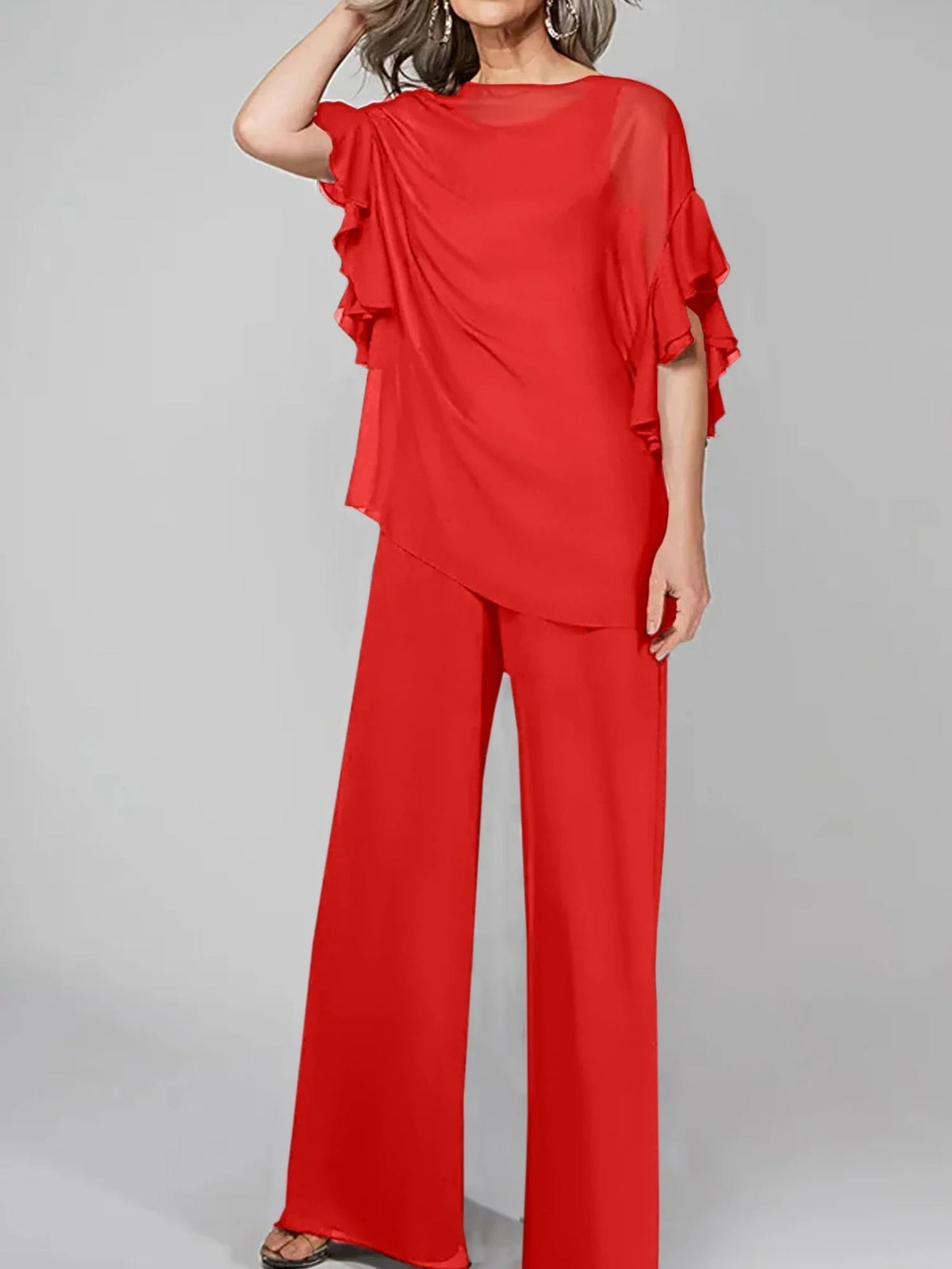 Tute intere con scollo rotondo e maniche a metà, in chiffon, completi pantalone per la madre della sposa