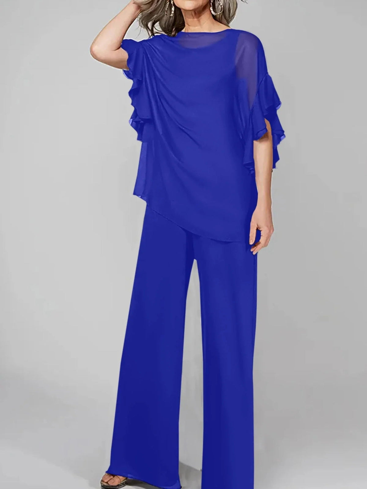 Tute intere con scollo rotondo e maniche a metà, in chiffon, completi pantalone per la madre della sposa