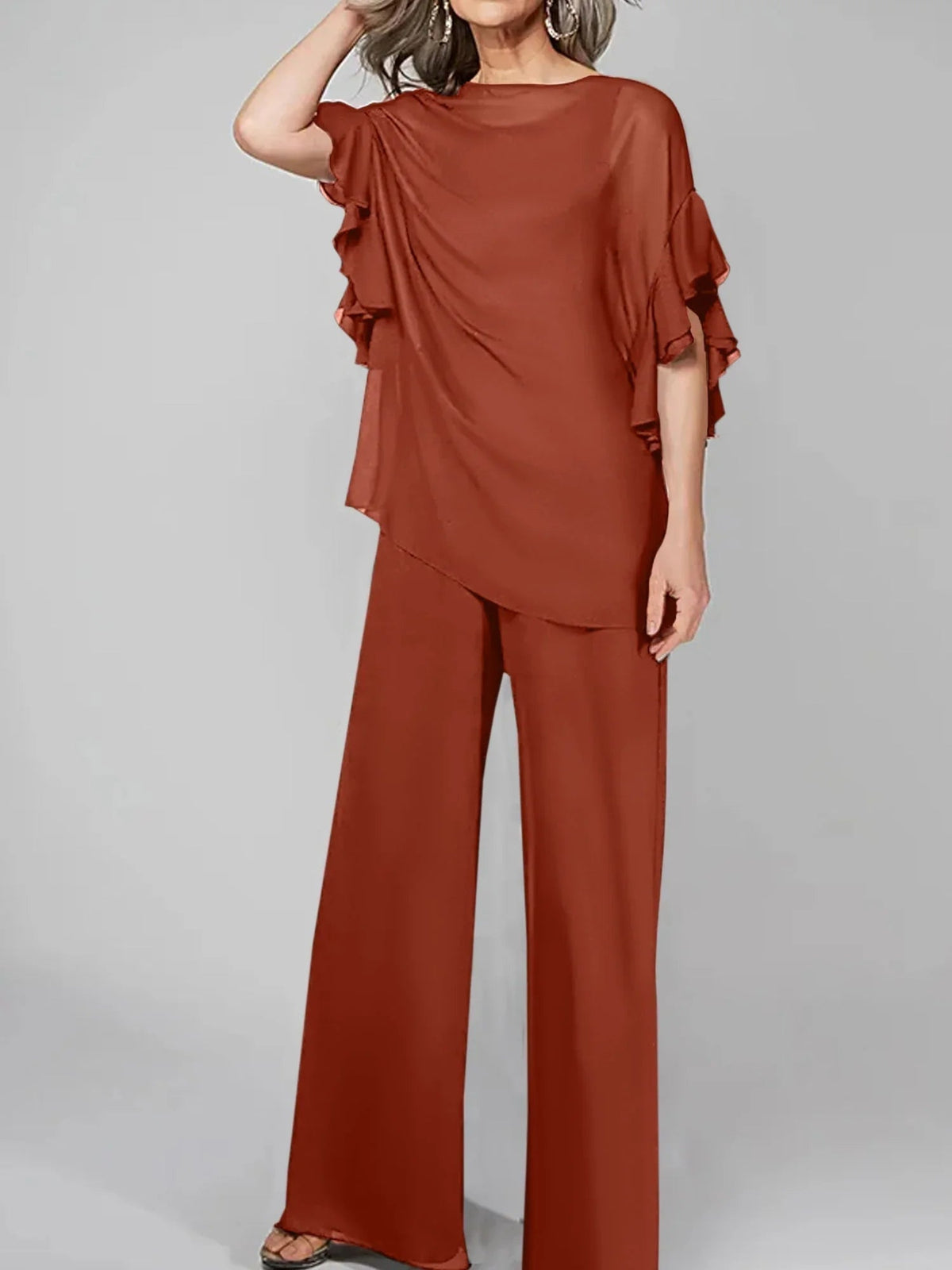 Tute intere con scollo rotondo e maniche a metà, in chiffon, completi pantalone per la madre della sposa