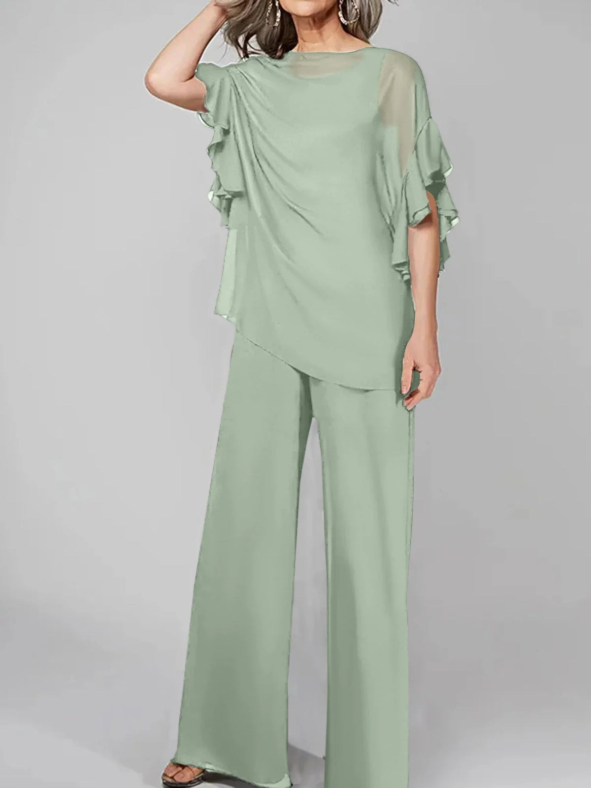 Tute intere con scollo rotondo e maniche a metà, in chiffon, completi pantalone per la madre della sposa