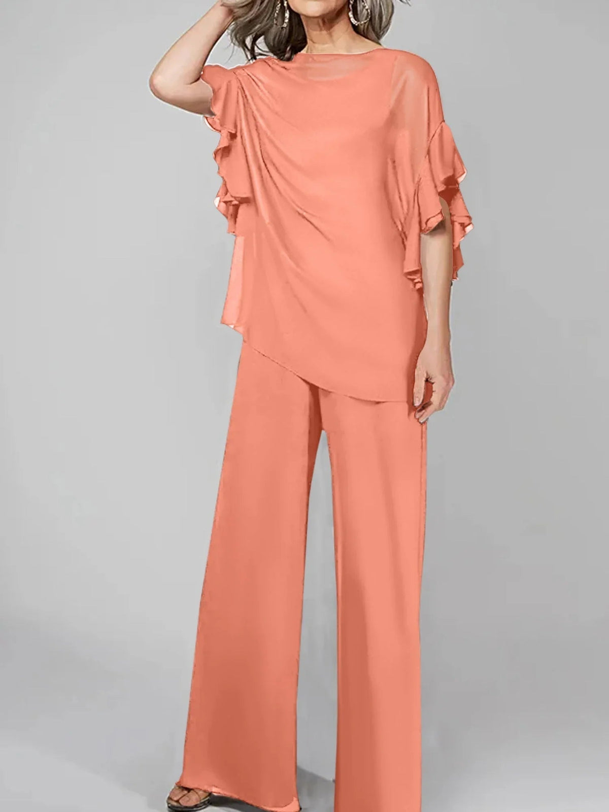 Tute intere con scollo rotondo e maniche a metà, in chiffon, completi pantalone per la madre della sposa