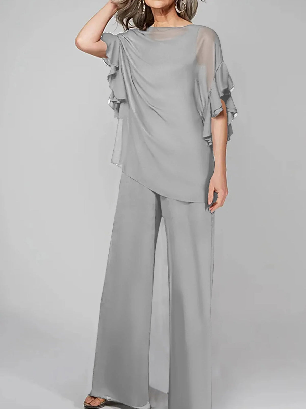 Tute intere con scollo rotondo e maniche a metà, in chiffon, completi pantalone per la madre della sposa