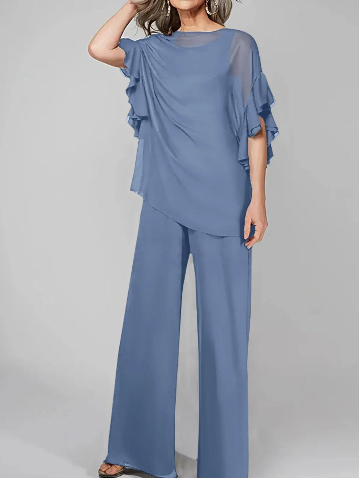 Tute intere con scollo rotondo e maniche a metà, in chiffon, completi pantalone per la madre della sposa