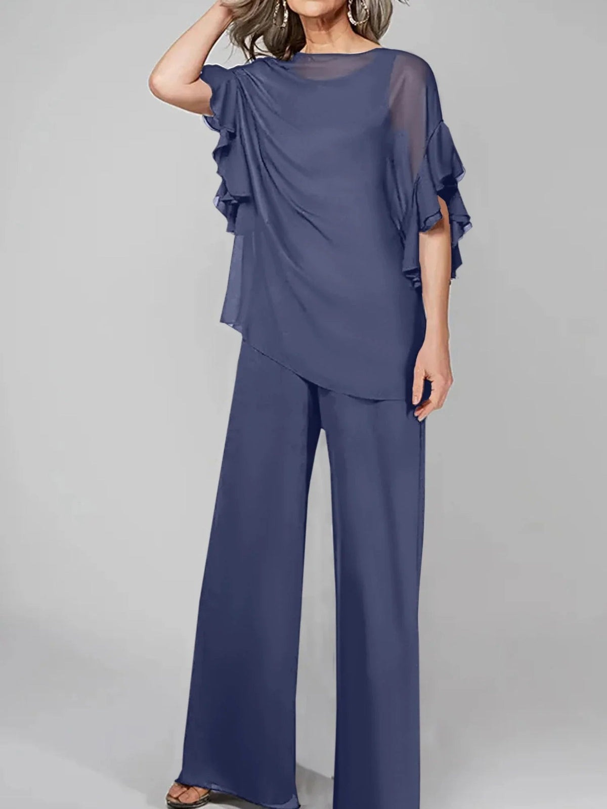 Tute intere con scollo rotondo e maniche a metà, in chiffon, completi pantalone per la madre della sposa