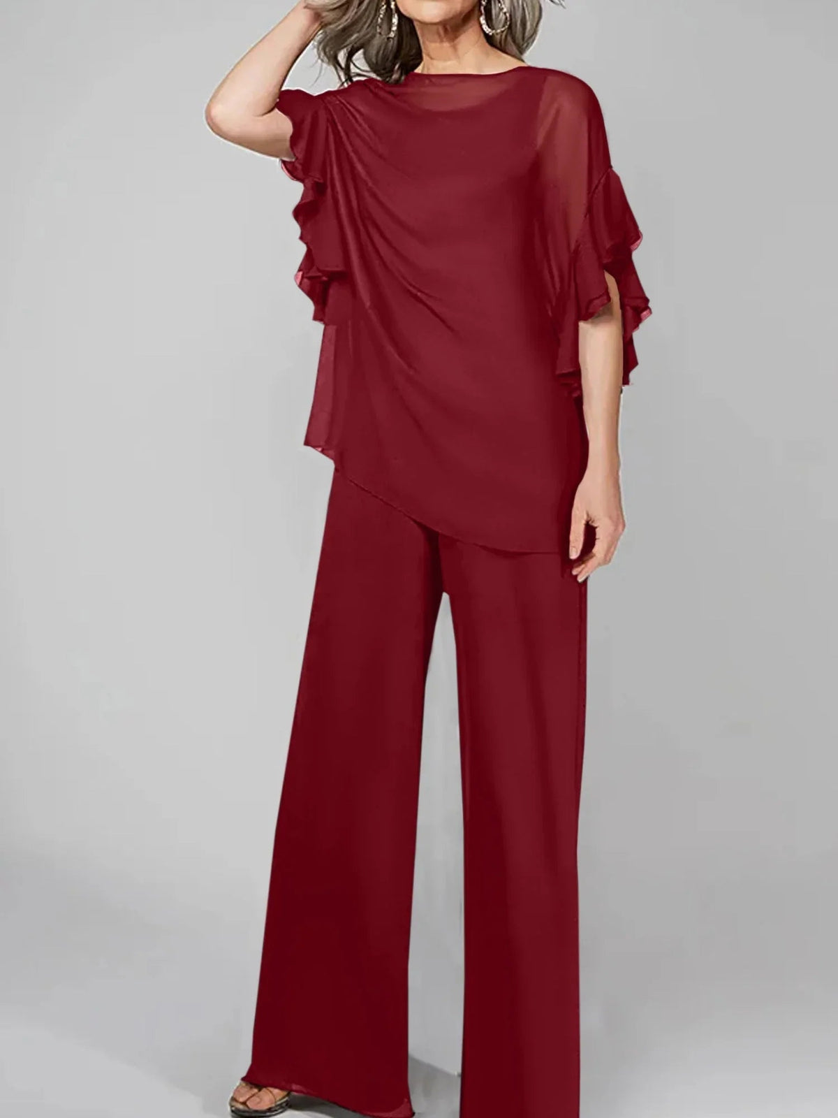 Tute intere con scollo rotondo e maniche a metà, in chiffon, completi pantalone per la madre della sposa