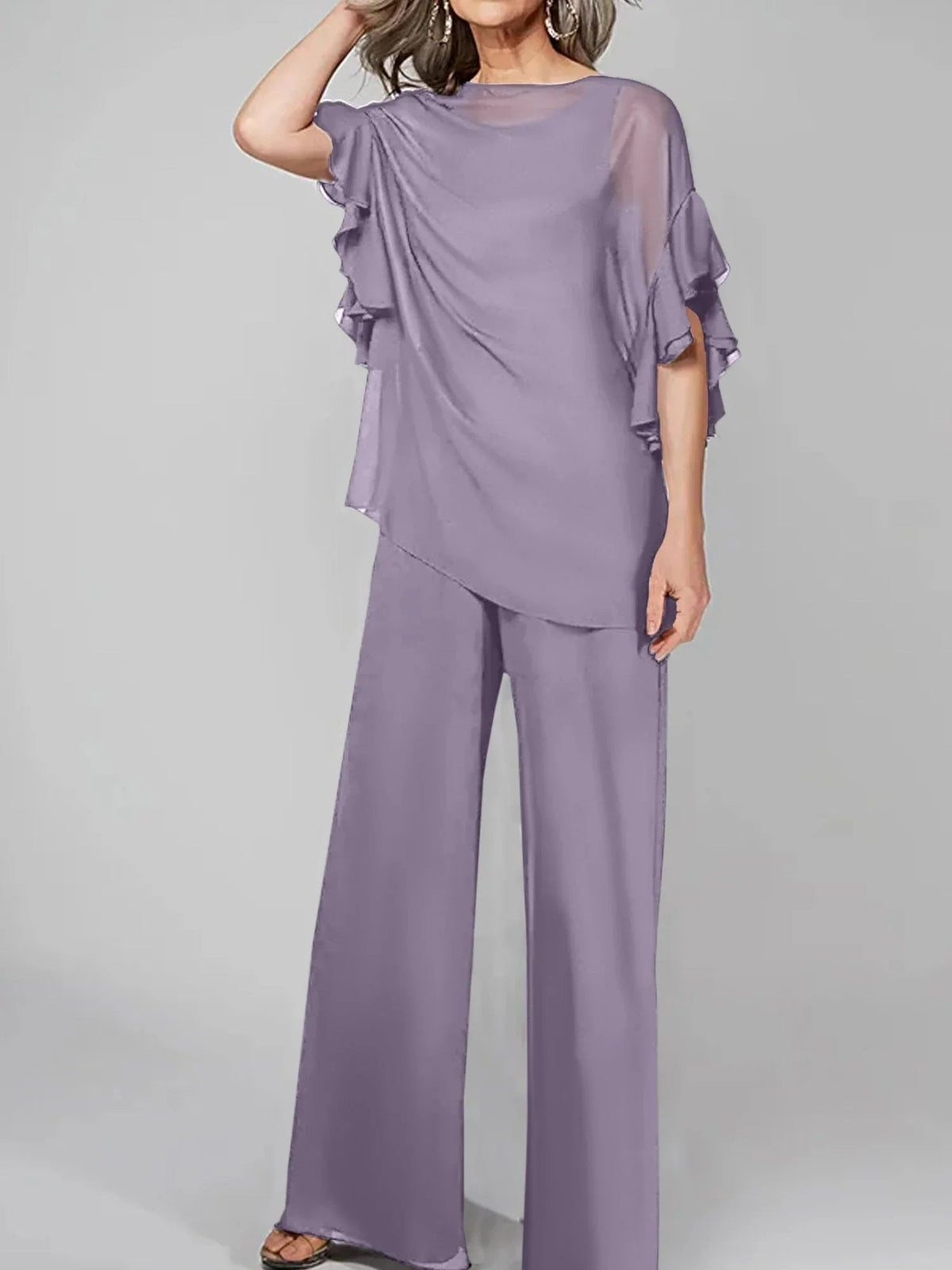 Tute intere con scollo rotondo e maniche a metà, in chiffon, completi pantalone per la madre della sposa