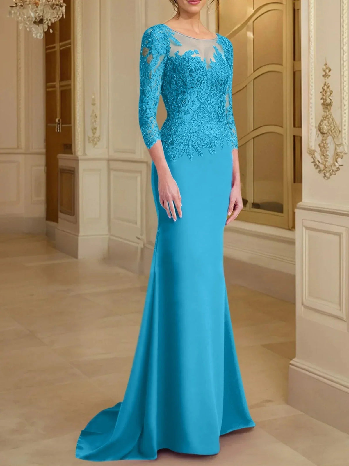 Vestidos de madre de la novia con mangas largas, corte trompeta/cola de sirena y encaje