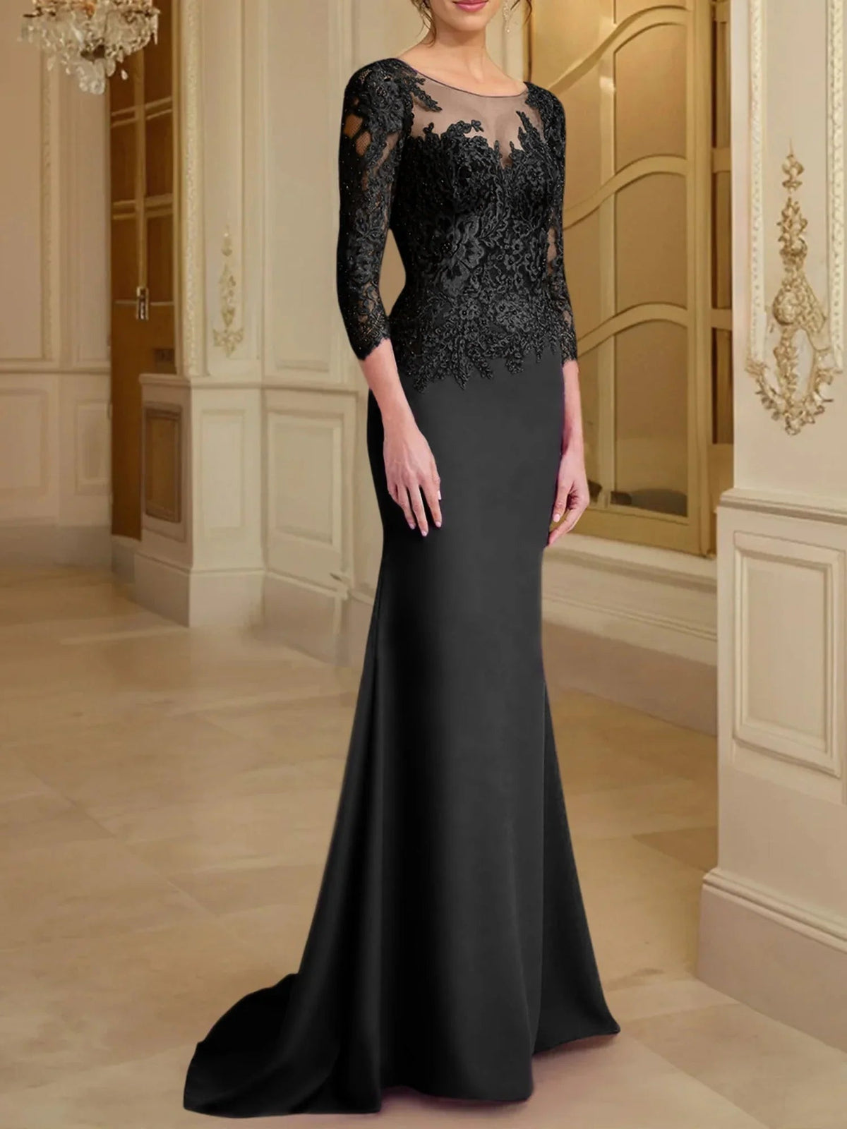 Vestidos de madre de la novia con mangas largas, corte trompeta/cola de sirena y encaje