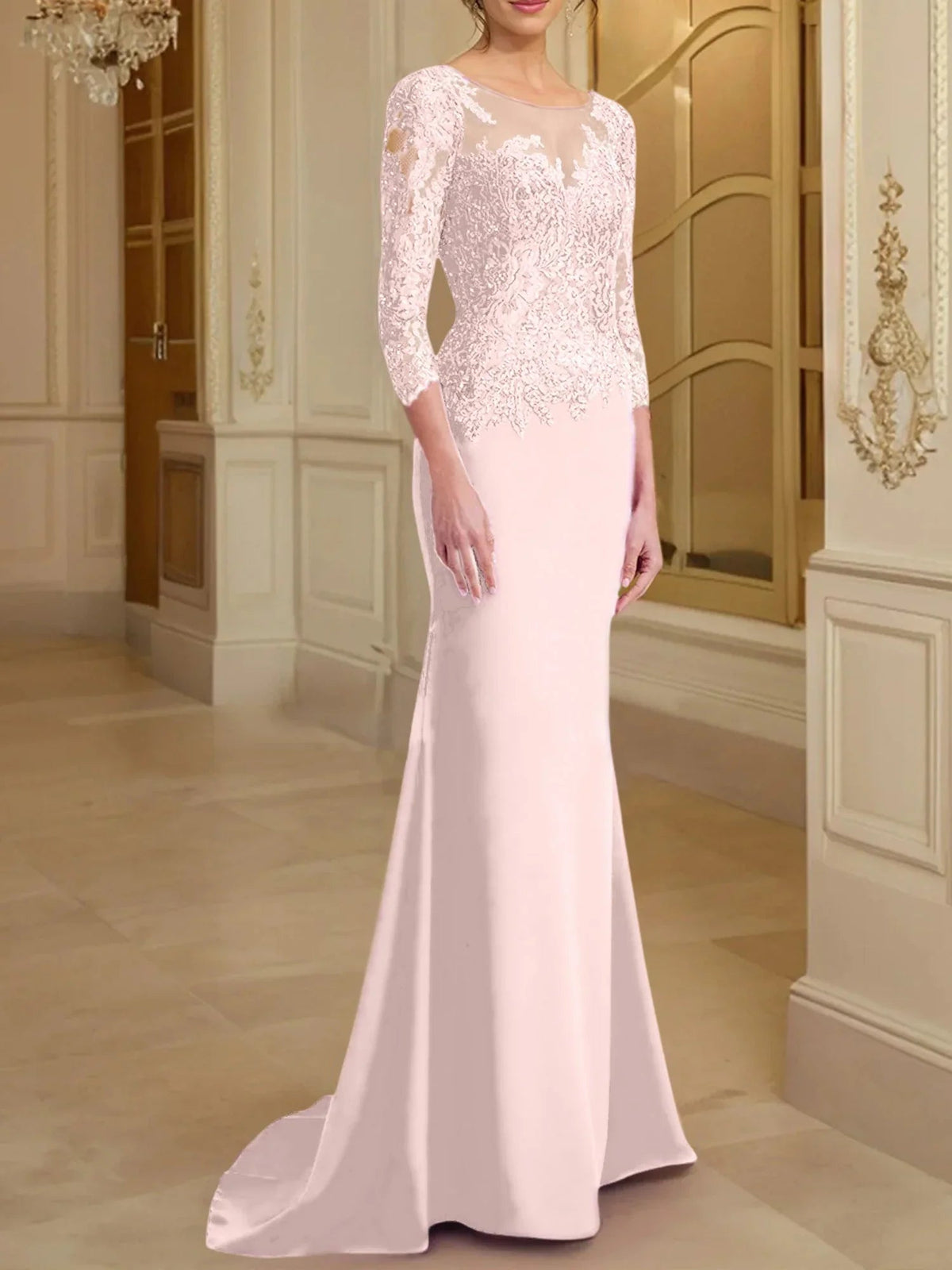 Vestidos de madre de la novia con mangas largas, corte trompeta/cola de sirena y encaje