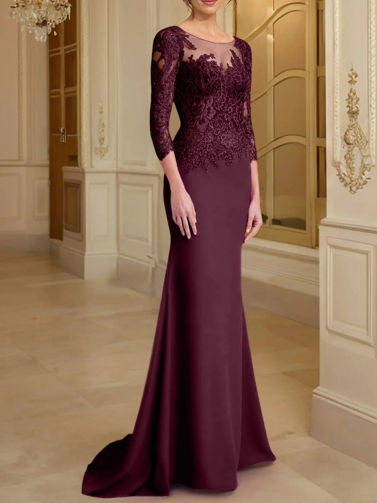 Vestidos de madre de la novia con mangas largas, corte trompeta/cola de sirena y encaje