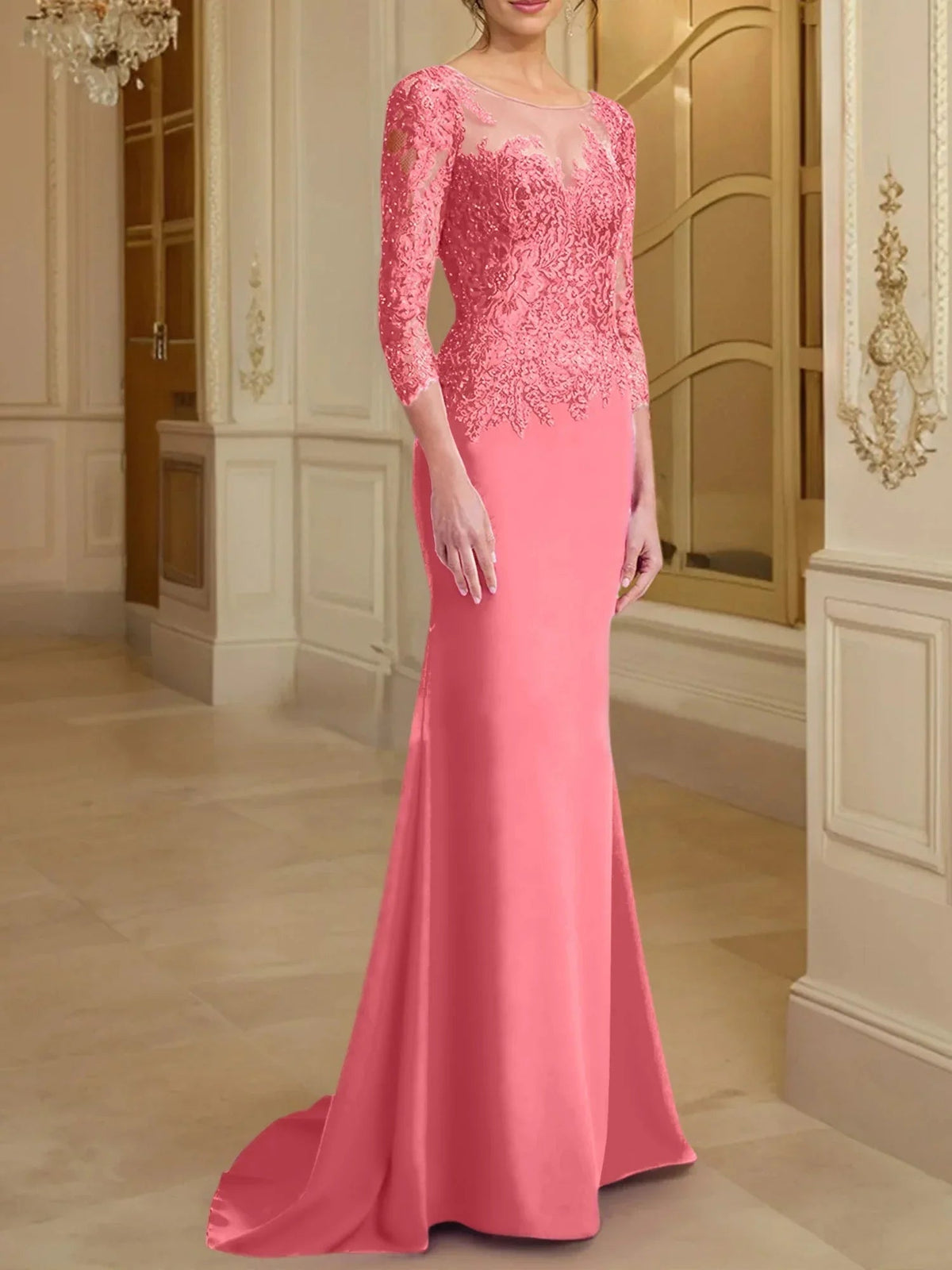 Vestidos de madre de la novia con mangas largas, corte trompeta/cola de sirena y encaje