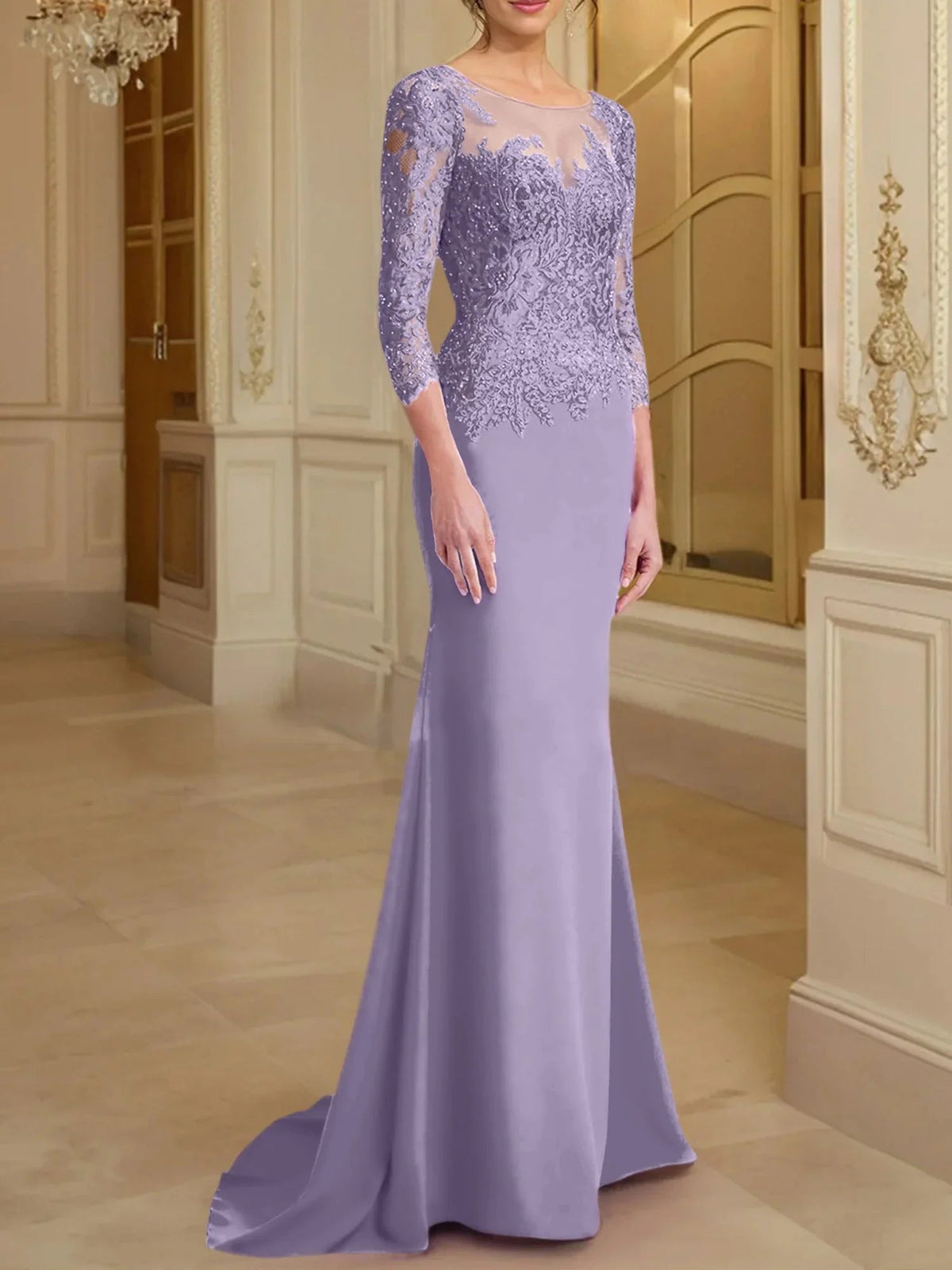 Vestidos de madre de la novia con mangas largas, corte trompeta/cola de sirena y encaje