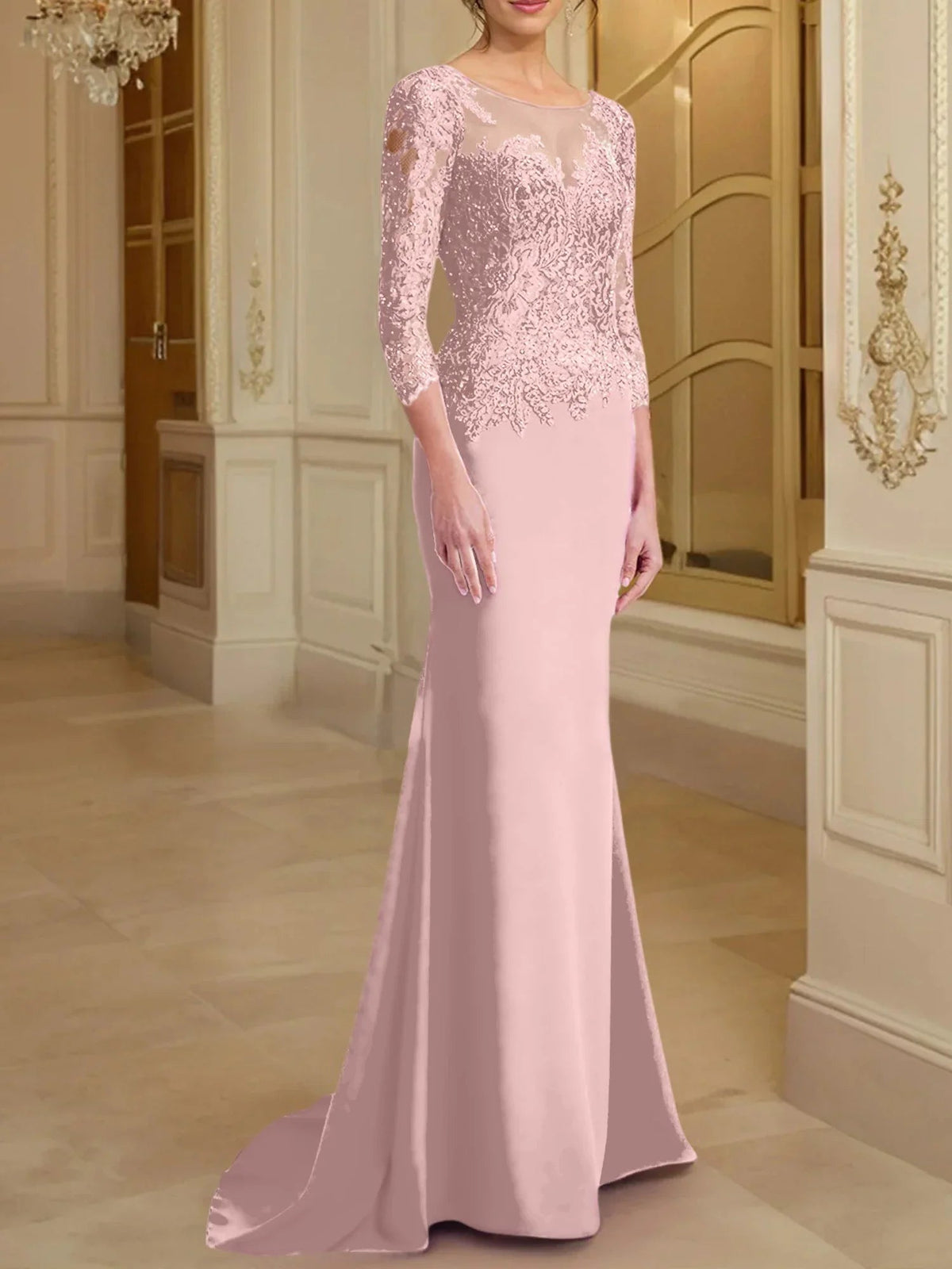 Vestidos de madre de la novia con mangas largas, corte trompeta/cola de sirena y encaje