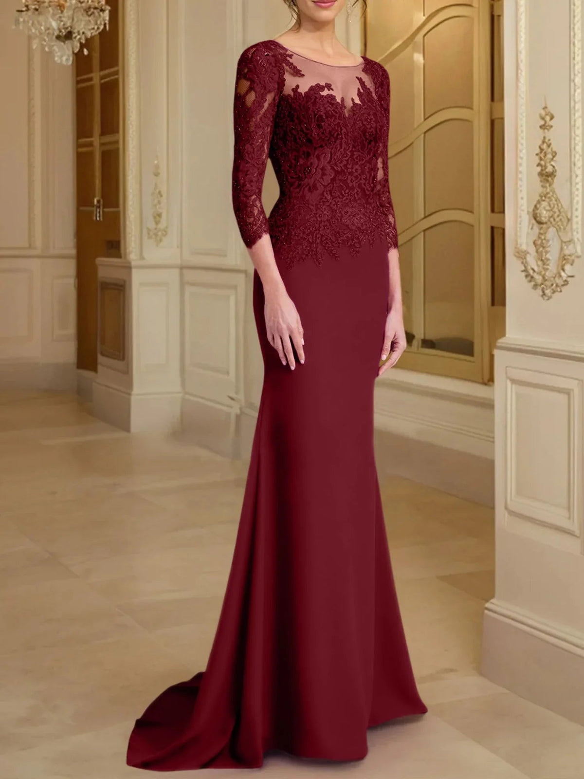 Vestidos de madre de la novia con mangas largas, corte trompeta/cola de sirena y encaje