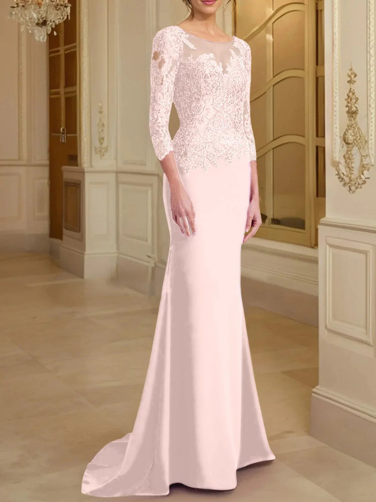 Vestidos de madre de la novia con mangas largas, corte trompeta/cola de sirena y encaje