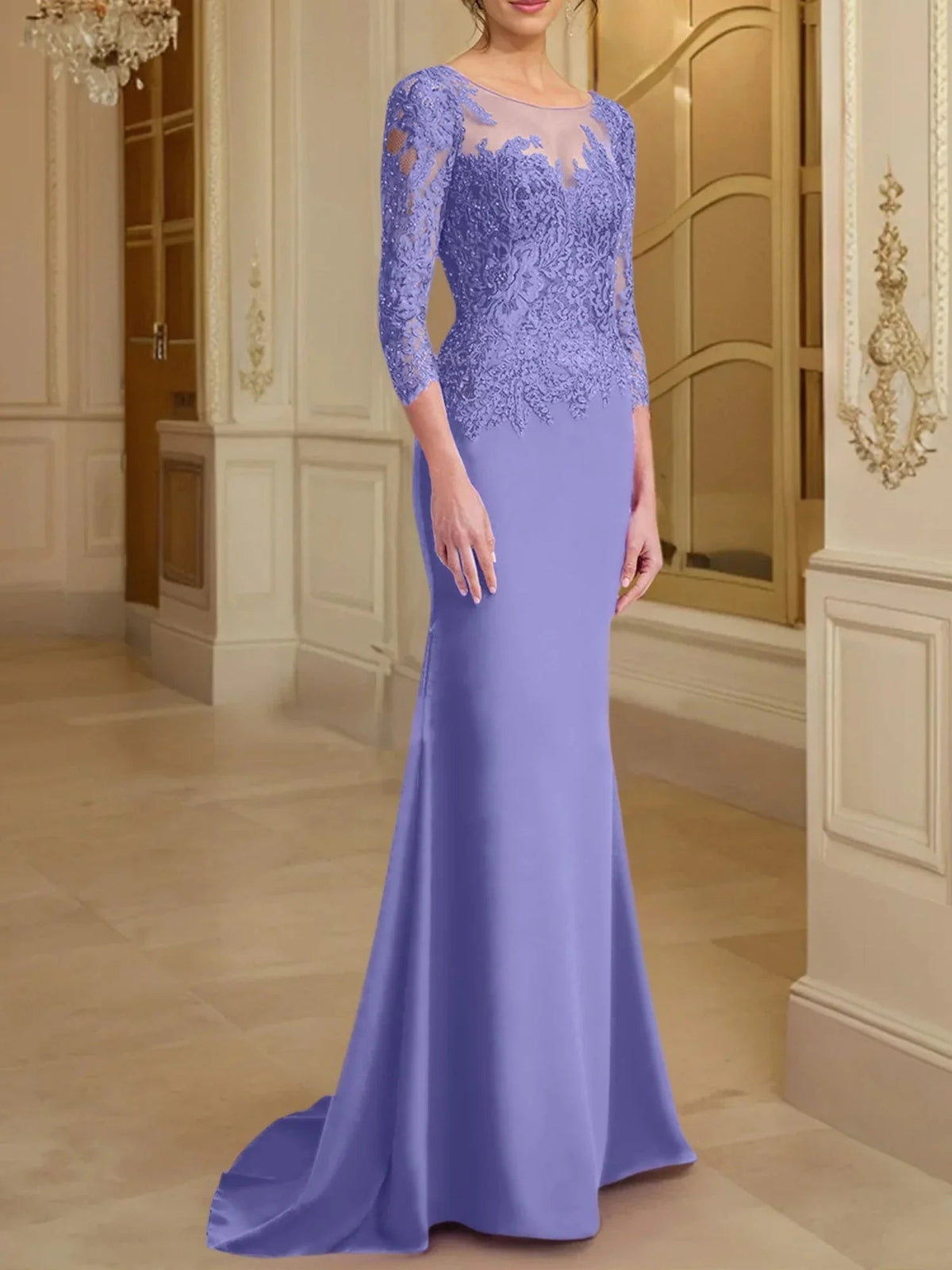 Vestidos de madre de la novia con mangas largas, corte trompeta/cola de sirena y encaje