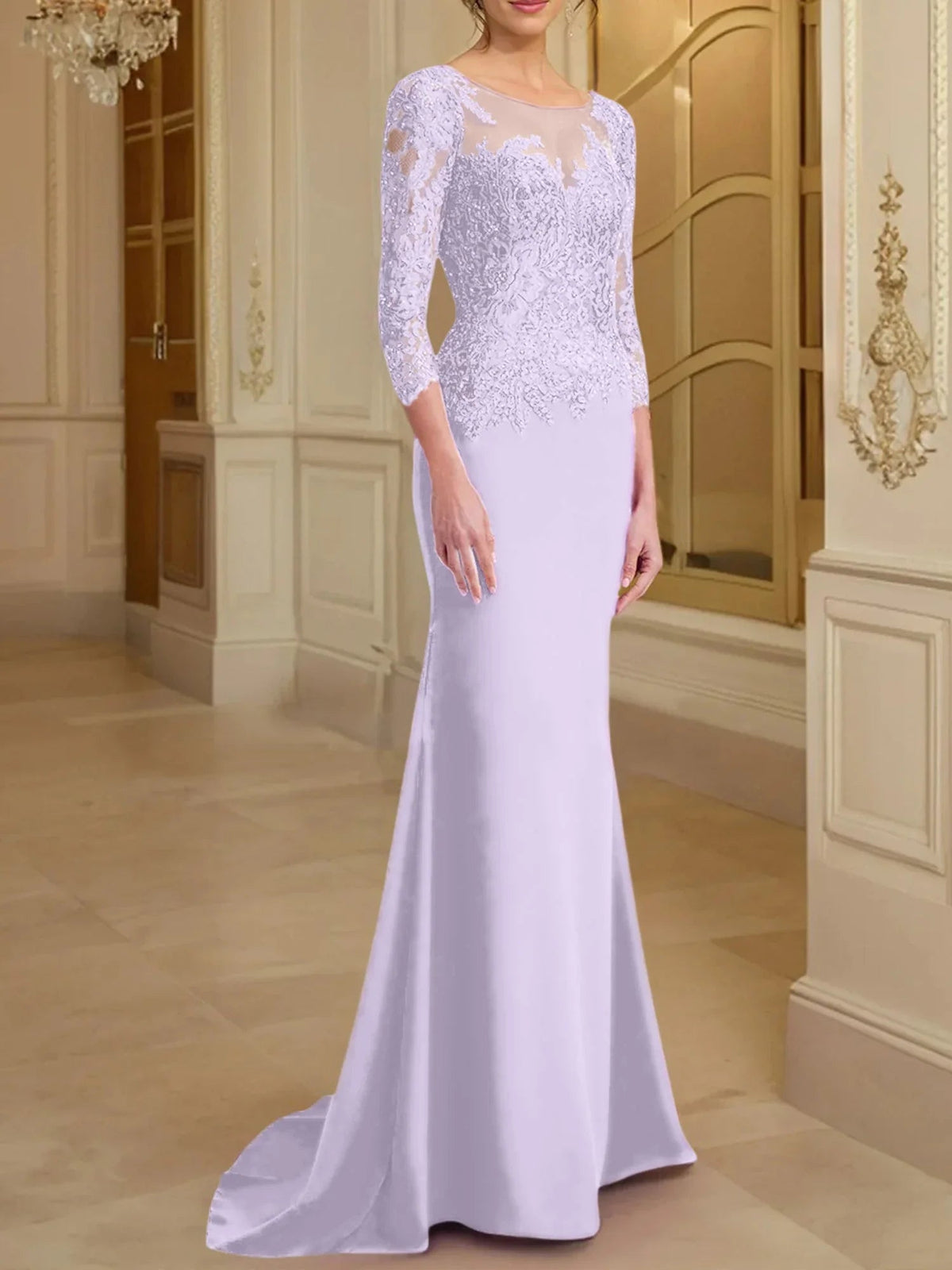 Vestidos de madre de la novia con mangas largas, corte trompeta/cola de sirena y encaje
