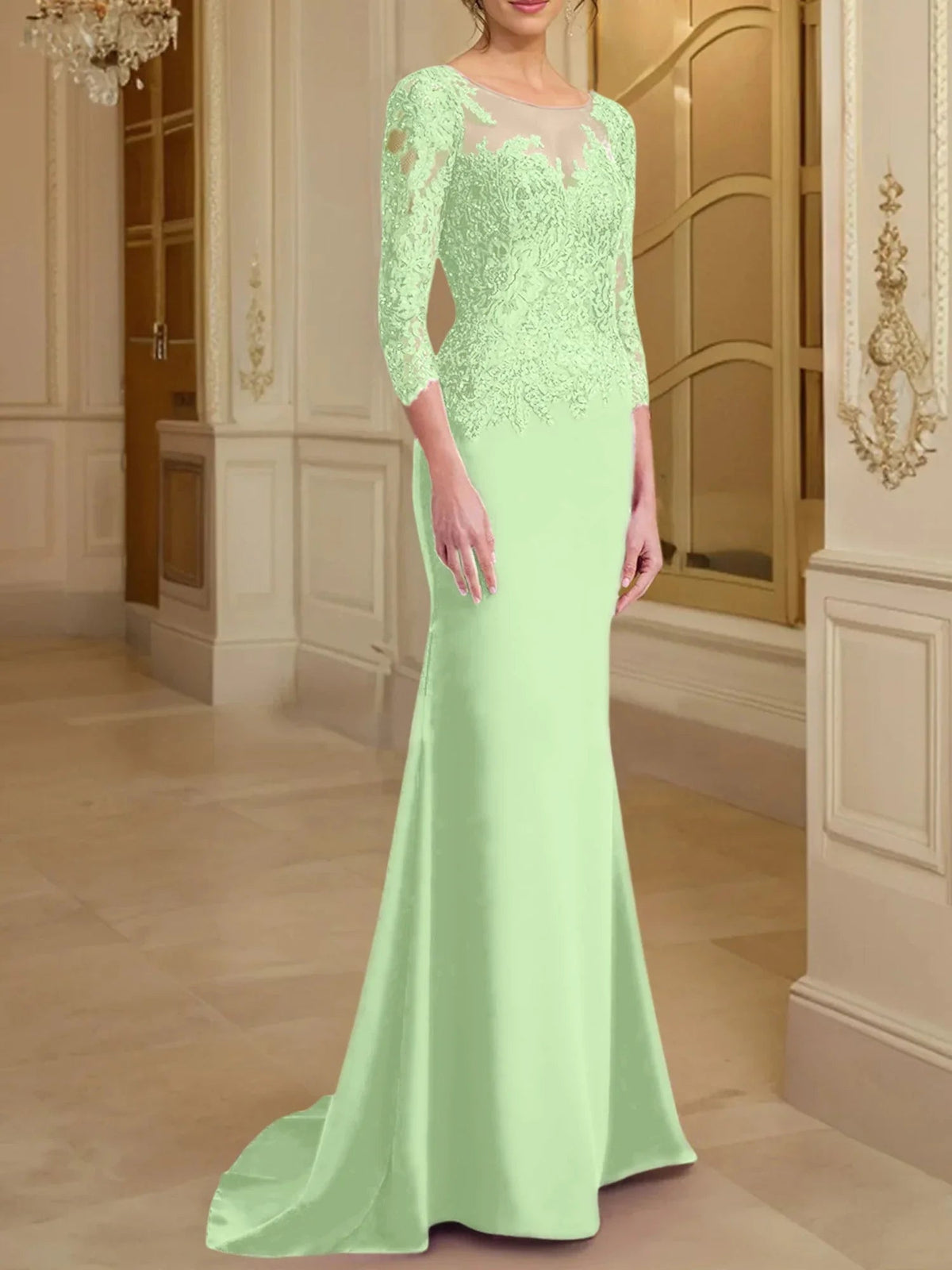 Vestidos de madre de la novia con mangas largas, corte trompeta/cola de sirena y encaje