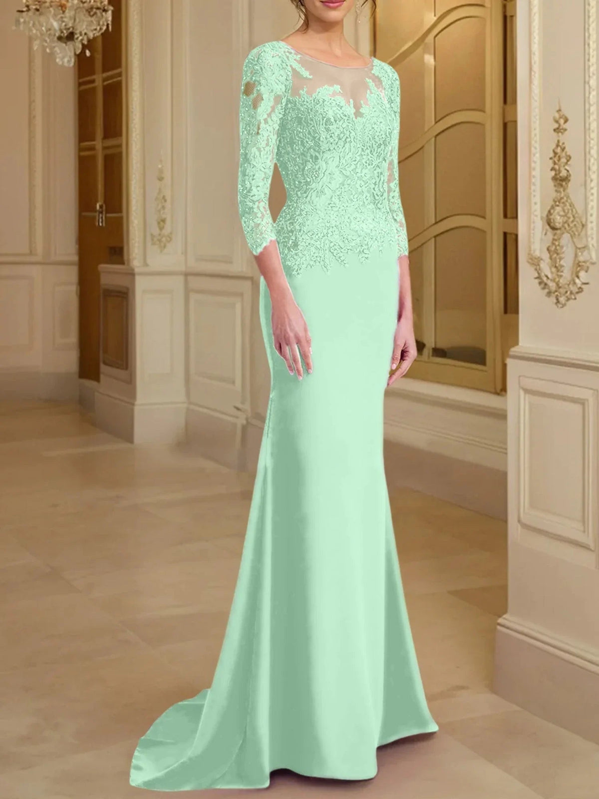 Vestidos de madre de la novia con mangas largas, corte trompeta/cola de sirena y encaje