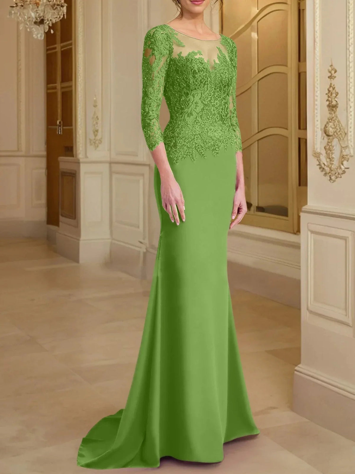Vestidos de madre de la novia con mangas largas, corte trompeta/cola de sirena y encaje
