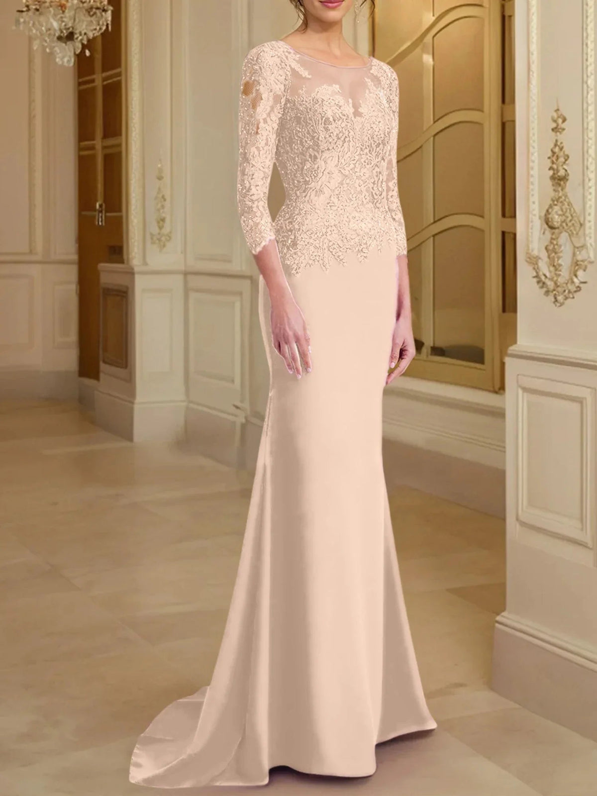 Vestidos de madre de la novia con mangas largas, corte trompeta/cola de sirena y encaje