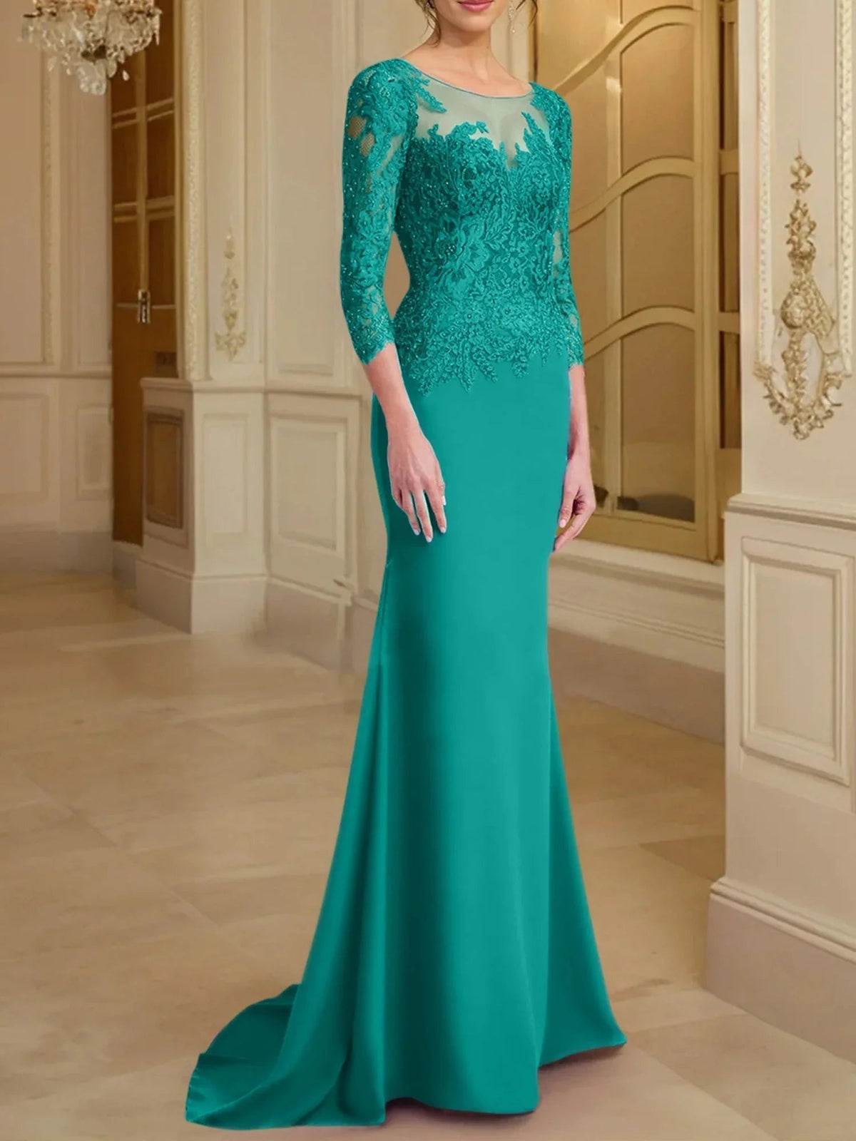 Vestidos de madre de la novia con mangas largas, corte trompeta/cola de sirena y encaje