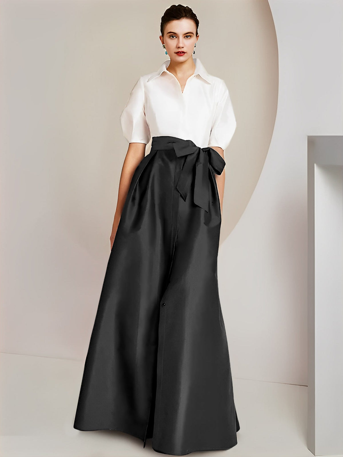A Line Floor Length Mother Of The Bride Dress Bowknot Shirt Collar Short Sleeves
