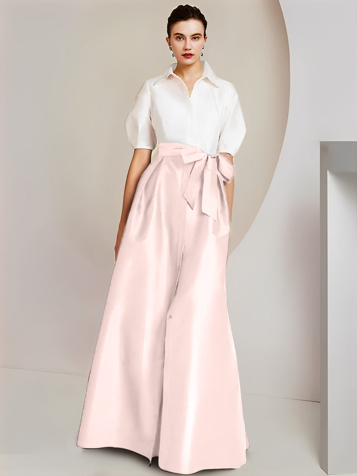 A Line Floor Length Mother Of The Bride Dress Bowknot Shirt Collar Short Sleeves