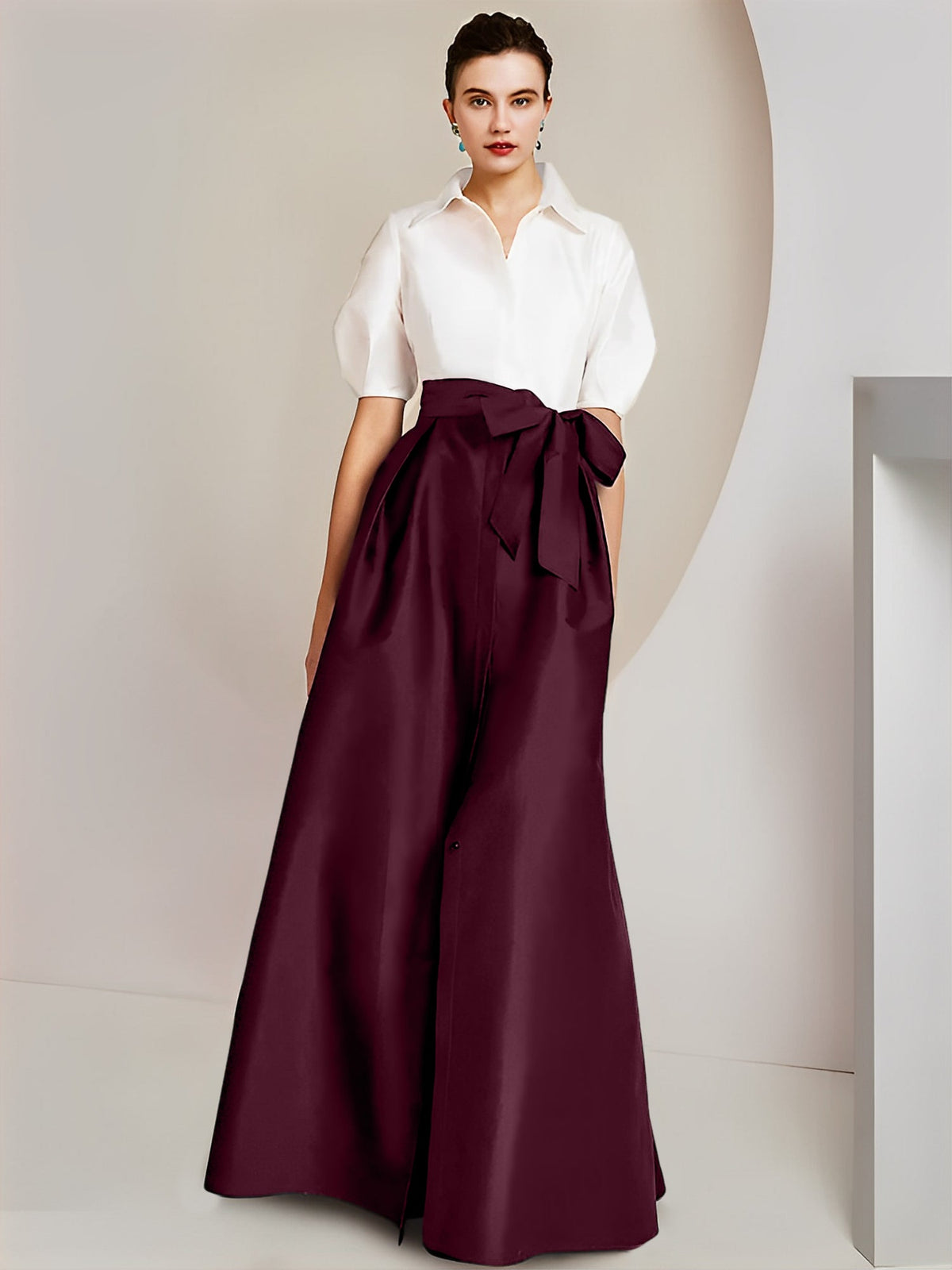 A Line Floor Length Mother Of The Bride Dress Bowknot Shirt Collar Short Sleeves