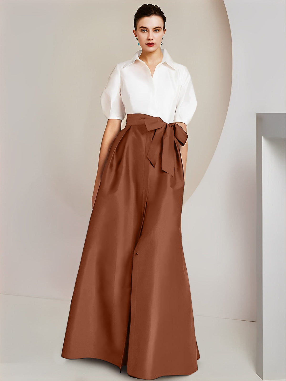 A Line Floor Length Mother Of The Bride Dress Bowknot Shirt Collar Short Sleeves