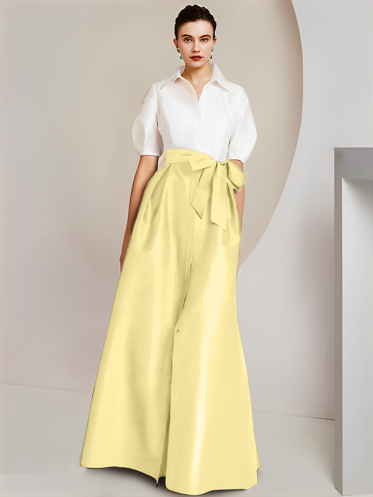 A Line Floor Length Mother Of The Bride Dress Bowknot Shirt Collar Short Sleeves