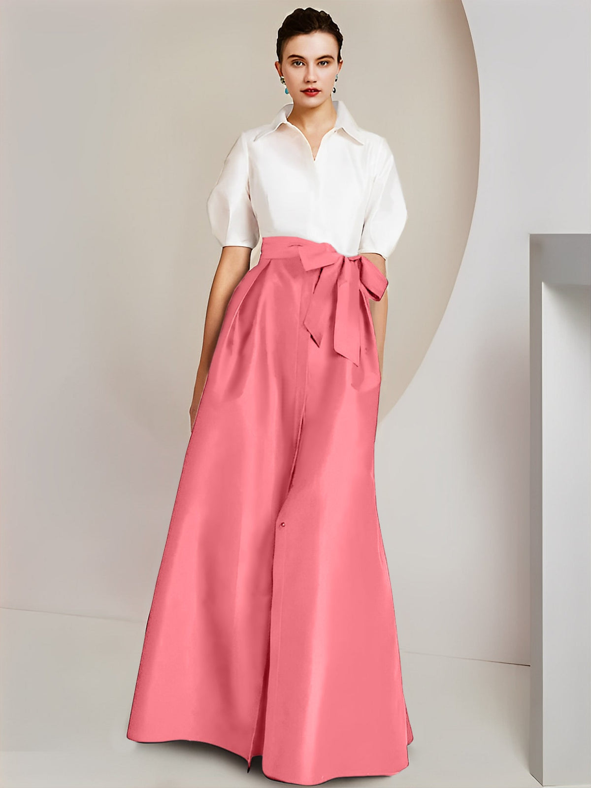 A Line Floor Length Mother Of The Bride Dress Bowknot Shirt Collar Short Sleeves