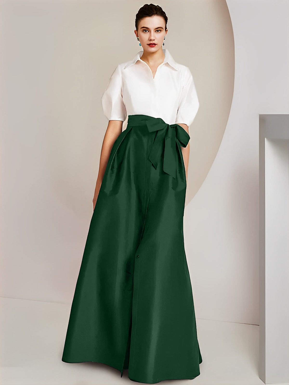 A Line Floor Length Mother Of The Bride Dress Bowknot Shirt Collar Short Sleeves