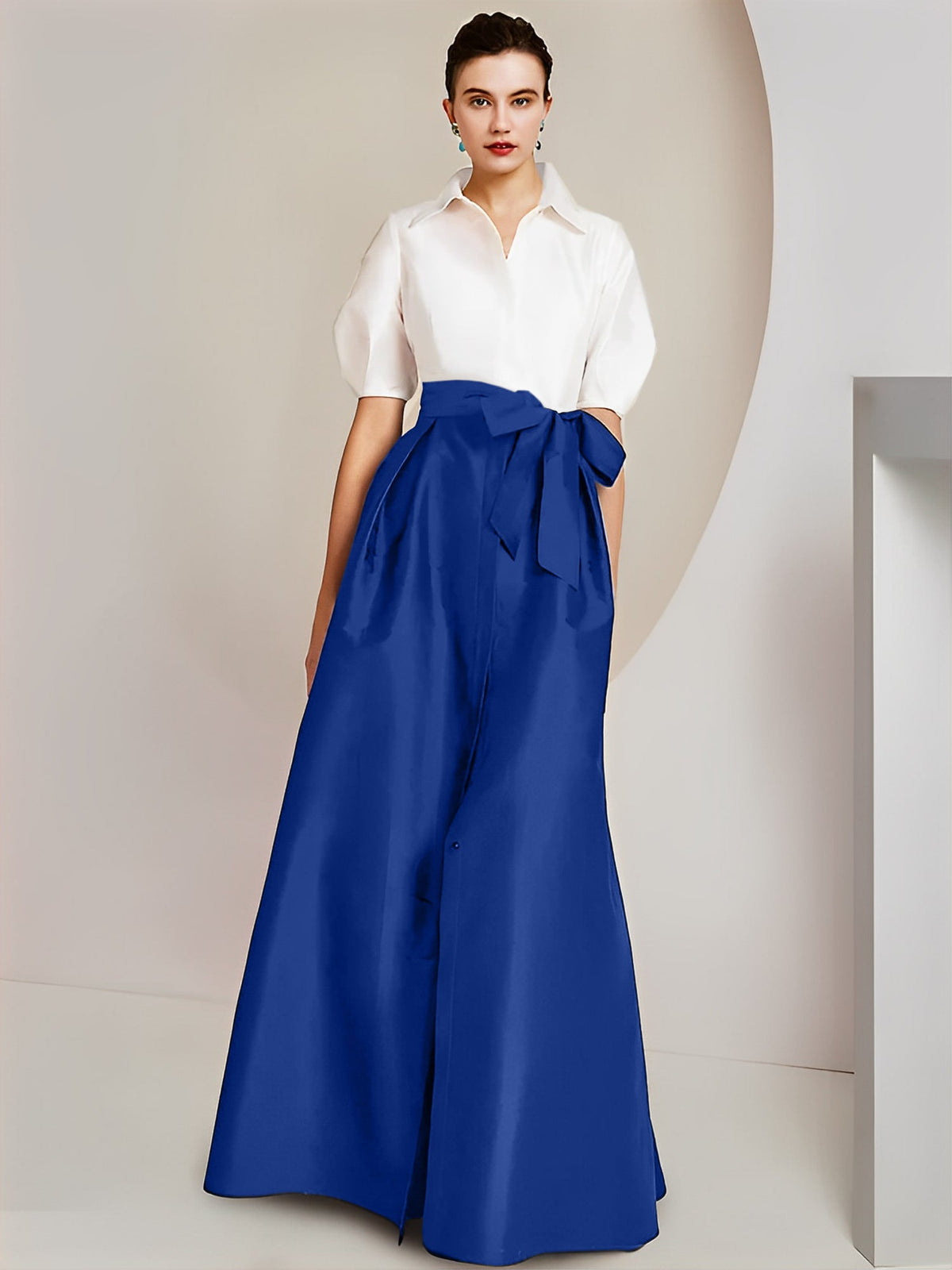 A Line Floor Length Mother Of The Bride Dress Bowknot Shirt Collar Short Sleeves