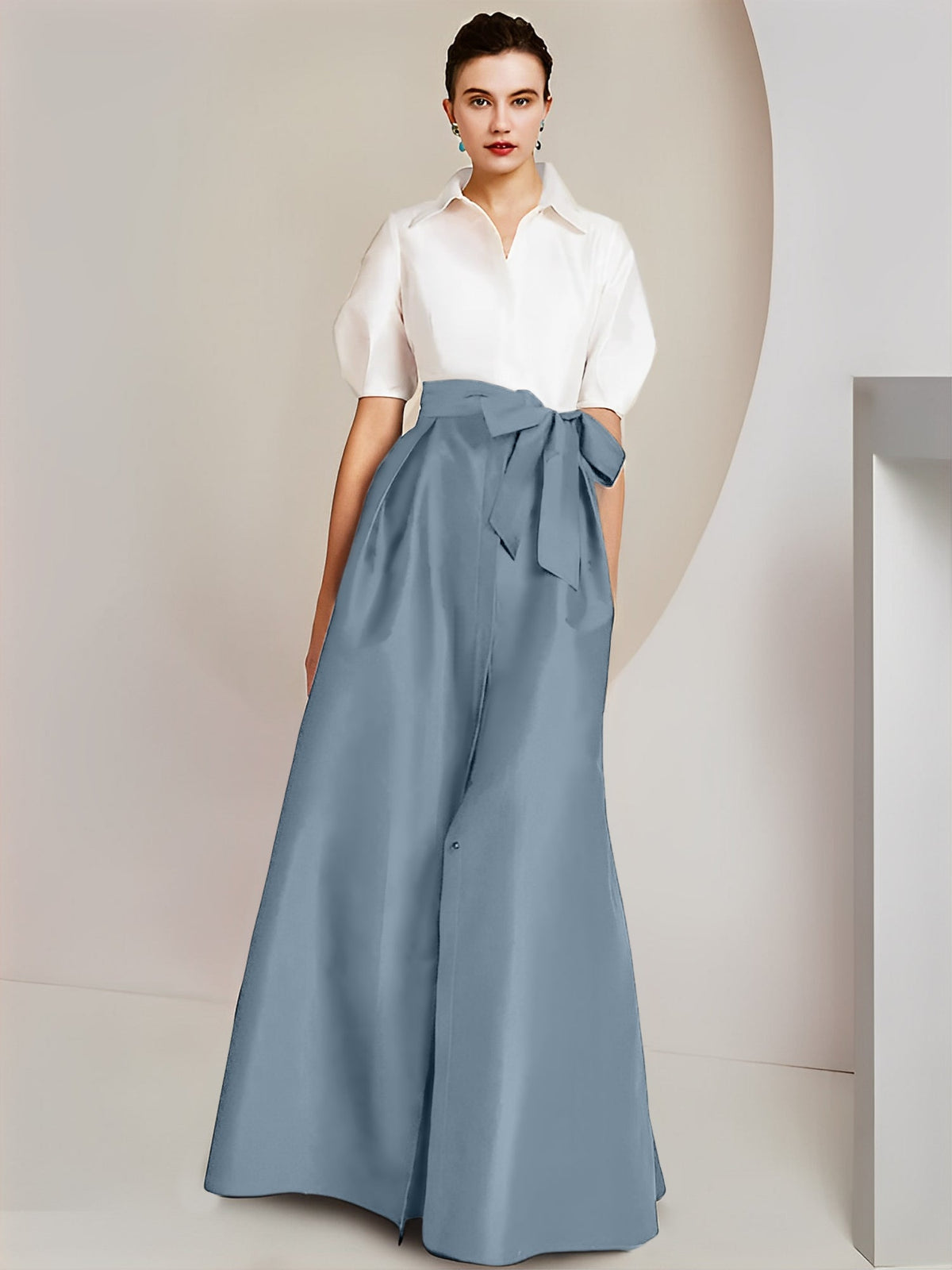 A Line Floor Length Mother Of The Bride Dress Bowknot Shirt Collar Short Sleeves