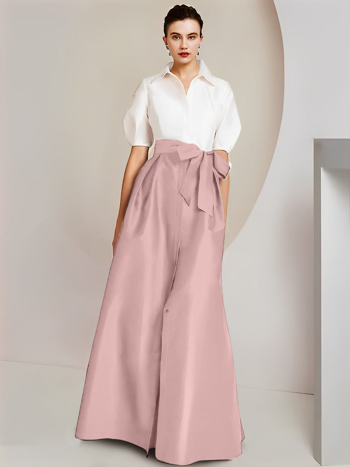 A Line Floor Length Mother Of The Bride Dress Bowknot Shirt Collar Short Sleeves