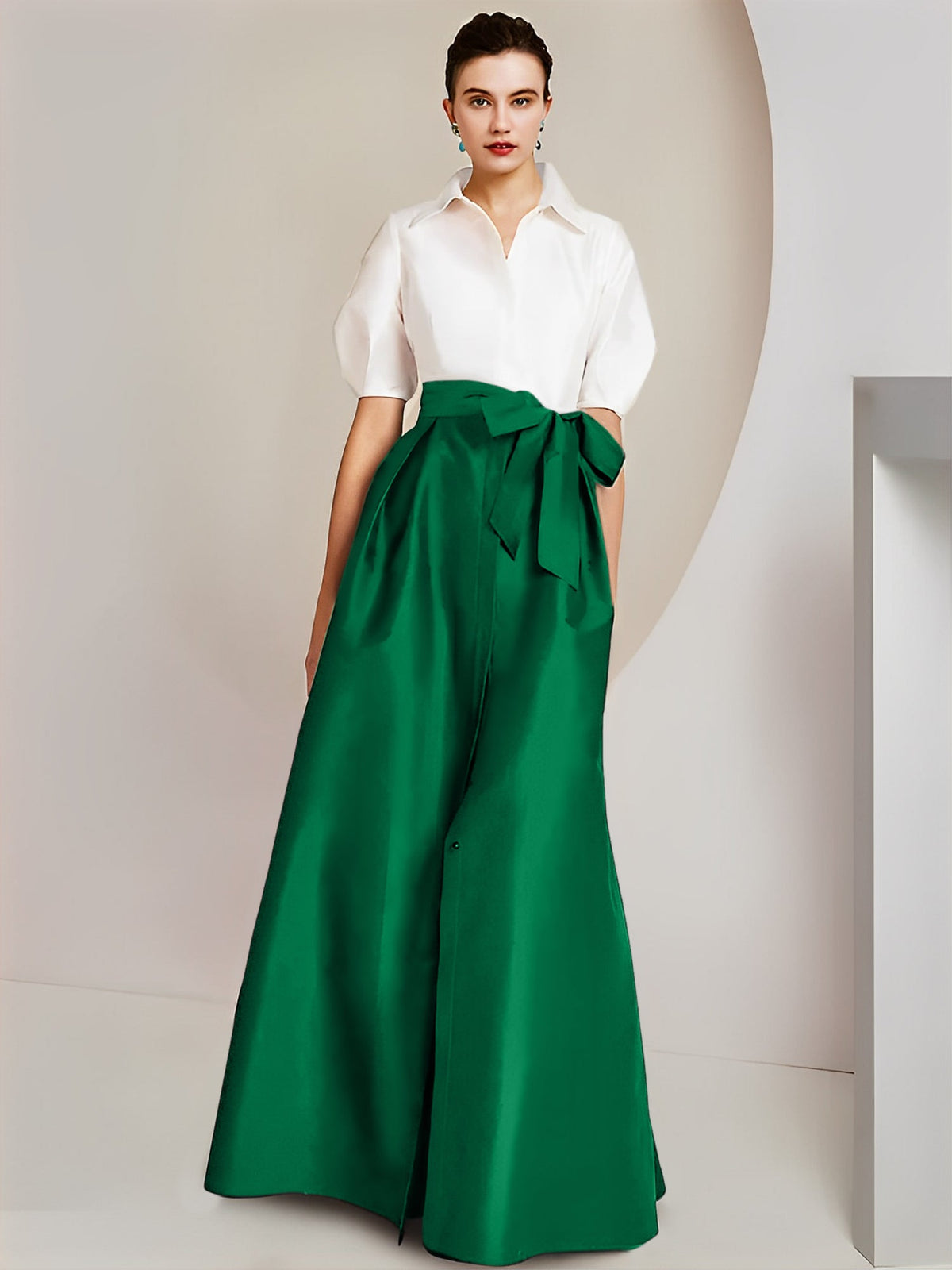 A Line Floor Length Mother Of The Bride Dress Bowknot Shirt Collar Short Sleeves