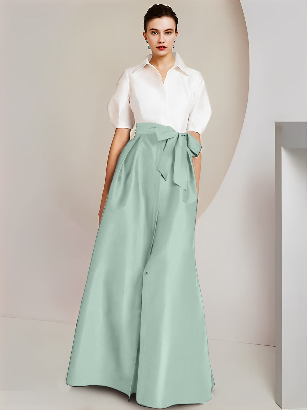 A Line Floor Length Mother Of The Bride Dress Bowknot Shirt Collar Short Sleeves