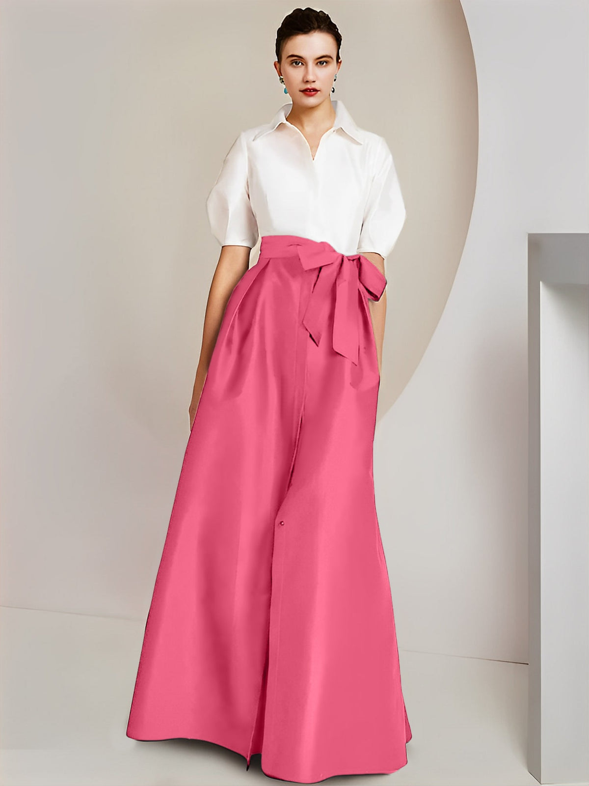 A Line Floor Length Mother Of The Bride Dress Bowknot Shirt Collar Short Sleeves