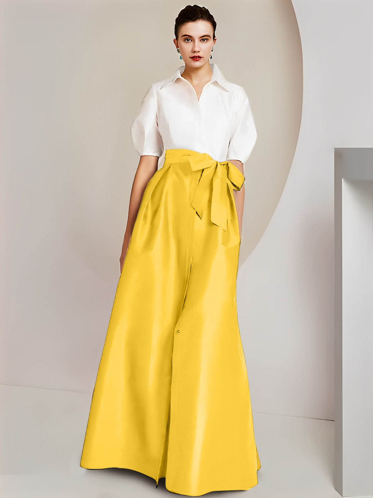 A Line Floor Length Mother Of The Bride Dress Bowknot Shirt Collar Short Sleeves